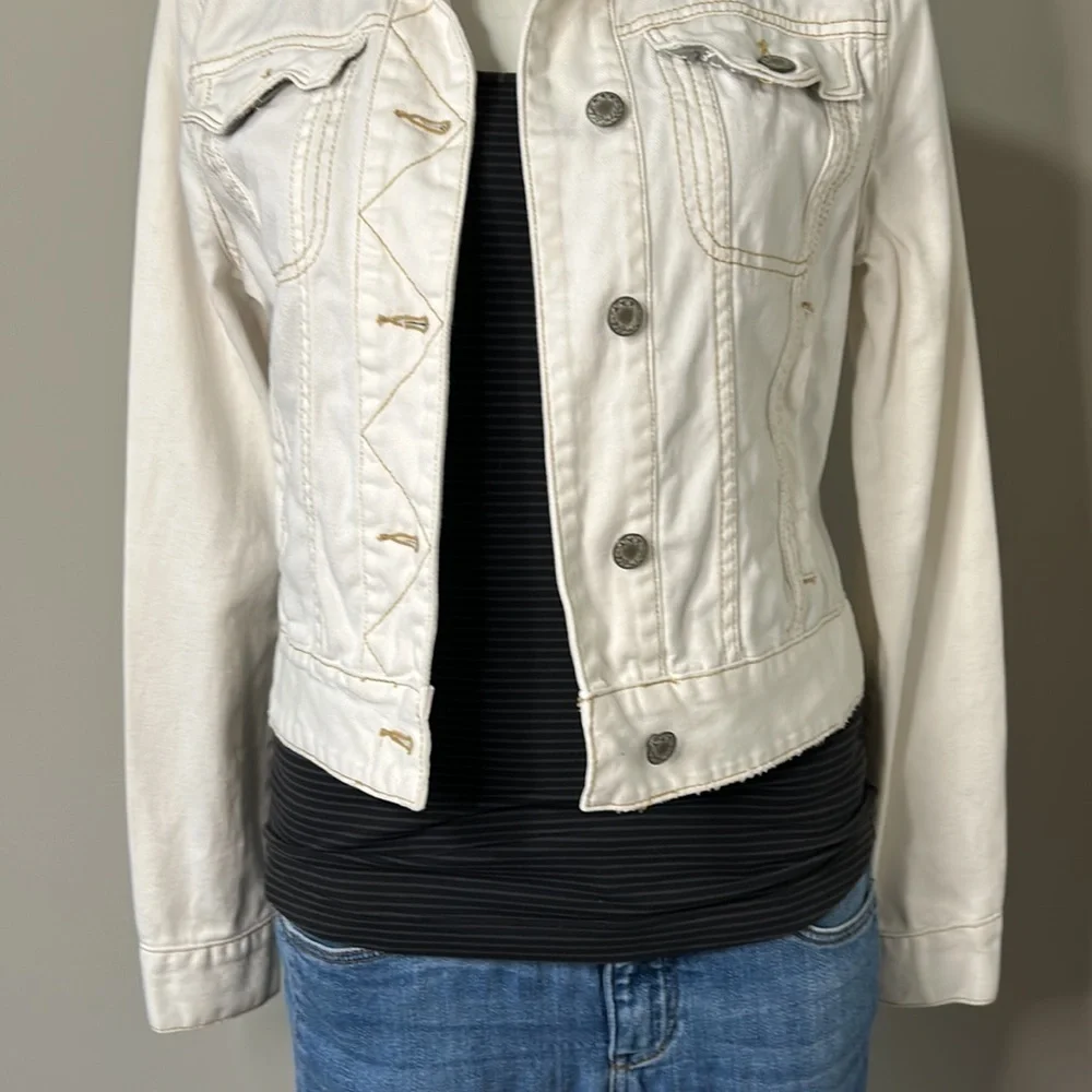Free People Kiel Wash Off White Denim Jacket Pockets Front Zip Sz S - Picture 6 of 12